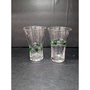 Fused Mosaic Glasses, Set of‎ 2, Vtg Hand Blown Drinkware, Green & Clear Squares